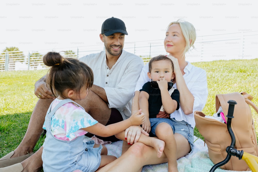 Une famille assise sur une couverture dans l’herbe