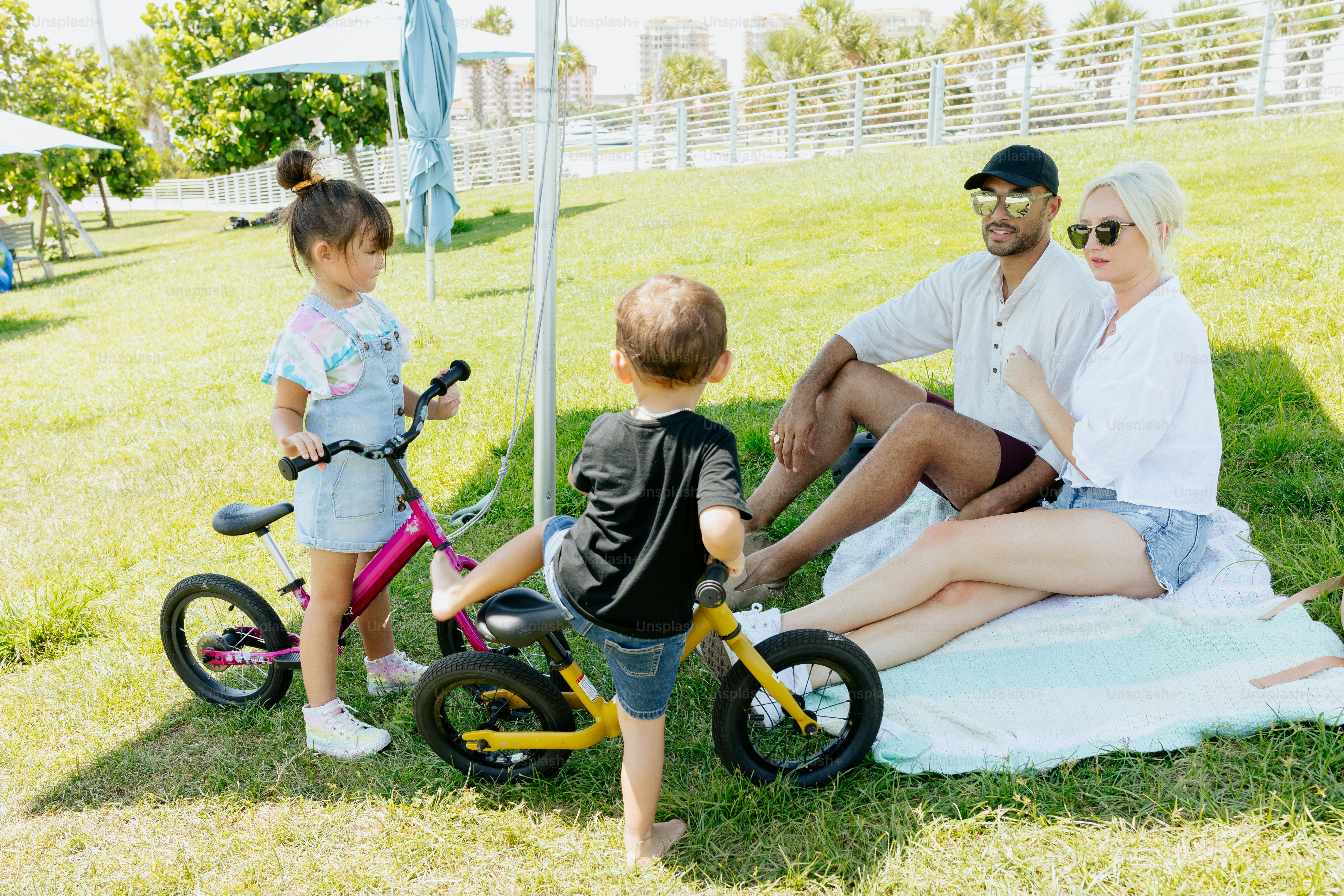 a man, woman, and two children are sitting on a blanket in the grass