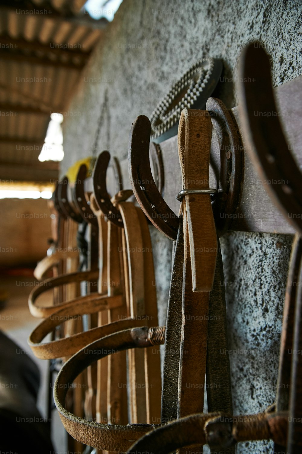 a row of horse tacks hanging on a wall