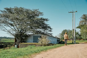 a man walking down a dirt road next to a tree