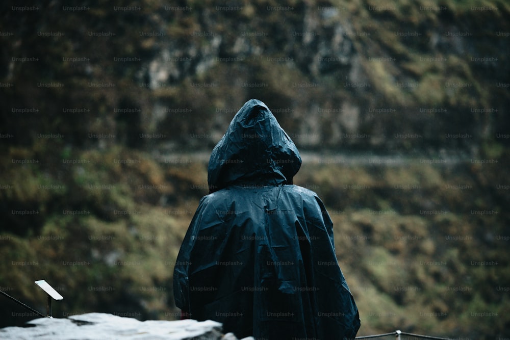 a person in a black raincoat standing in front of a mountain