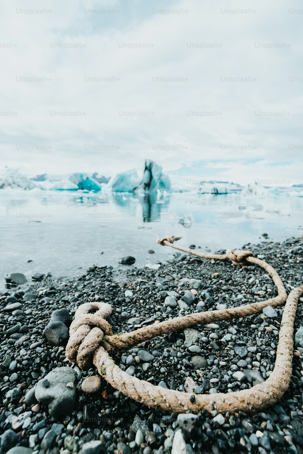 une corde sur une plage rocheuse avec des icebergs en arrière-plan