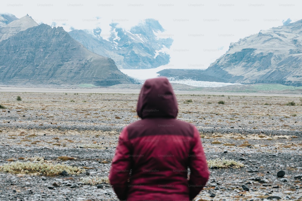 Una persona con una chaqueta roja mirando una montaña