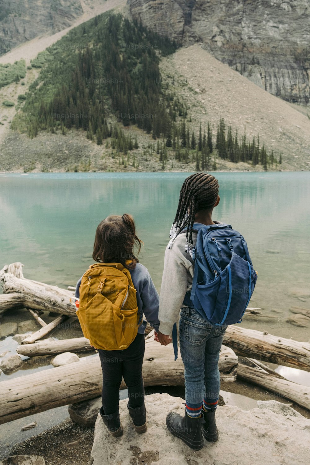 duas crianças em pé em uma rocha olhando para um lago