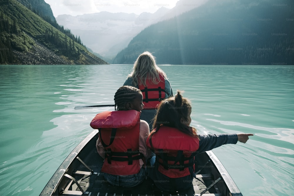 a group of people in a boat on a body of water