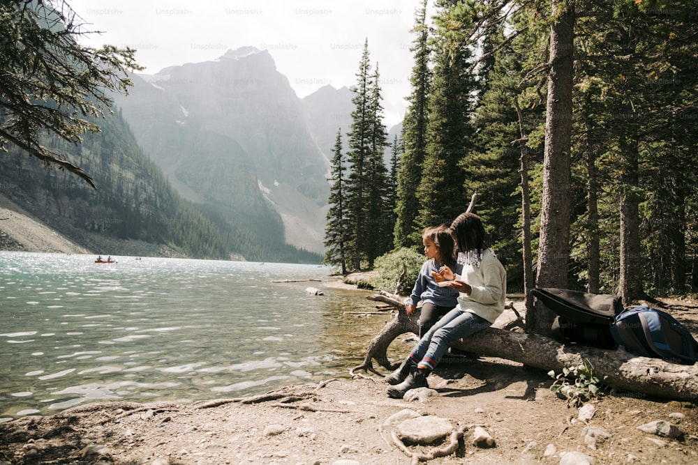 two people sitting on a log near a lake