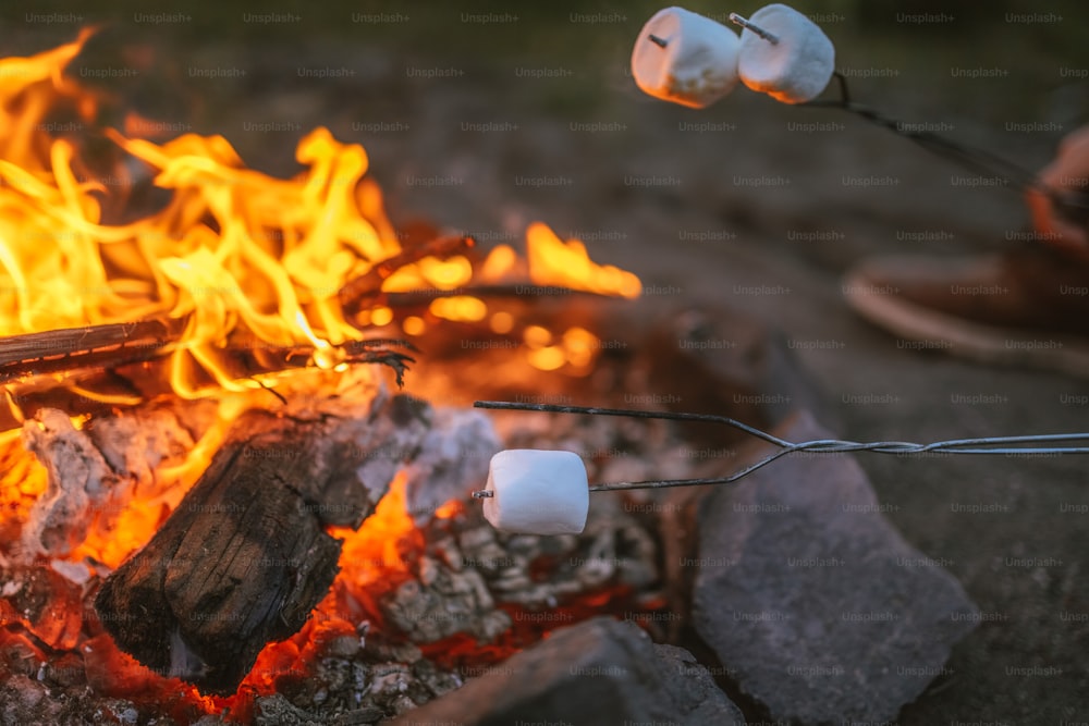 Marshmallows assando sobre uma fogueira com marshmallows ligados