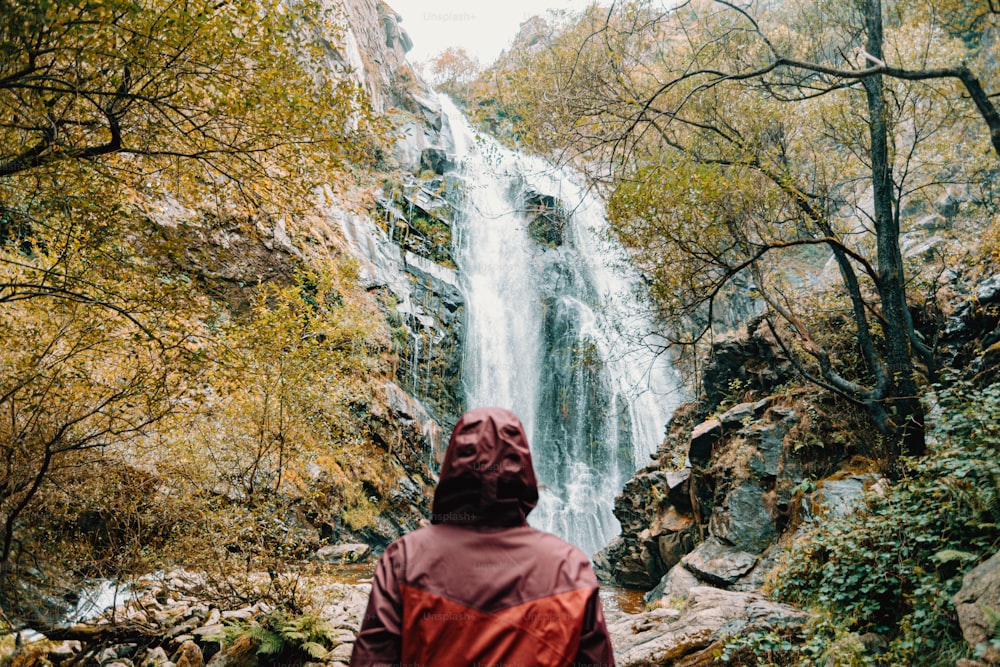 una persona in piedi di fronte a una cascata