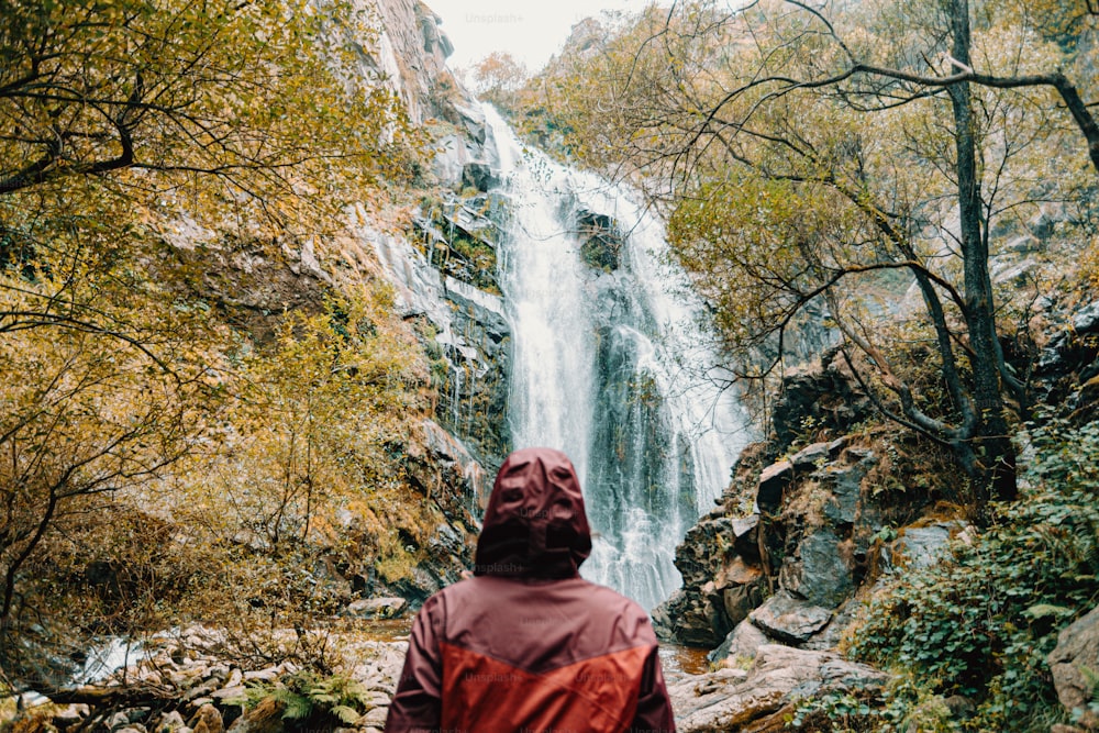 Una persona parada frente a una cascada