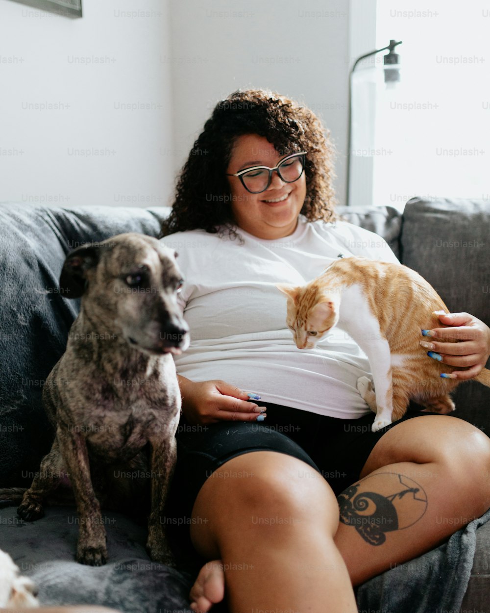 a woman sitting on a couch holding a cat and a dog