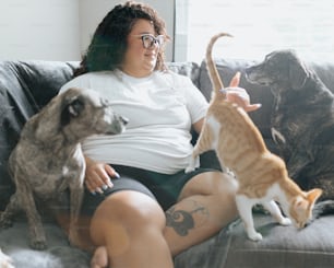 2匹の犬と猫と一緒にソファに座っている女性