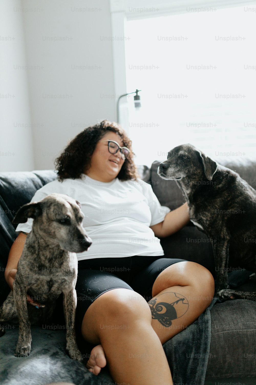 a woman sitting on a couch with two dogs