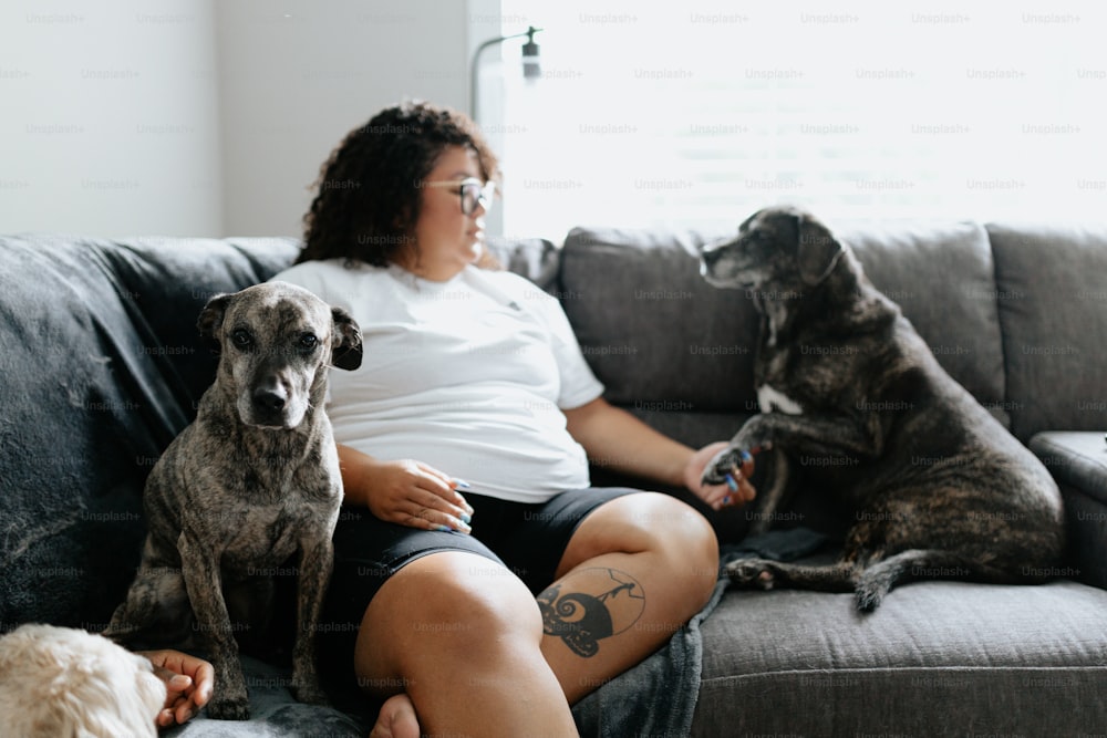 a woman sitting on a couch with two dogs