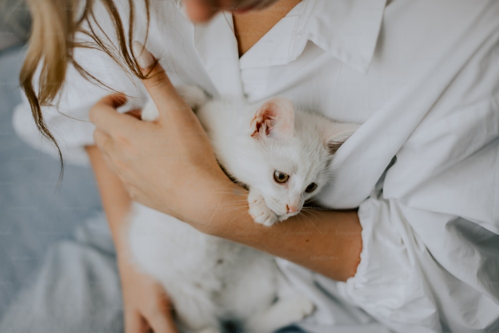 Una mujer sosteniendo un gato blanco en sus brazos