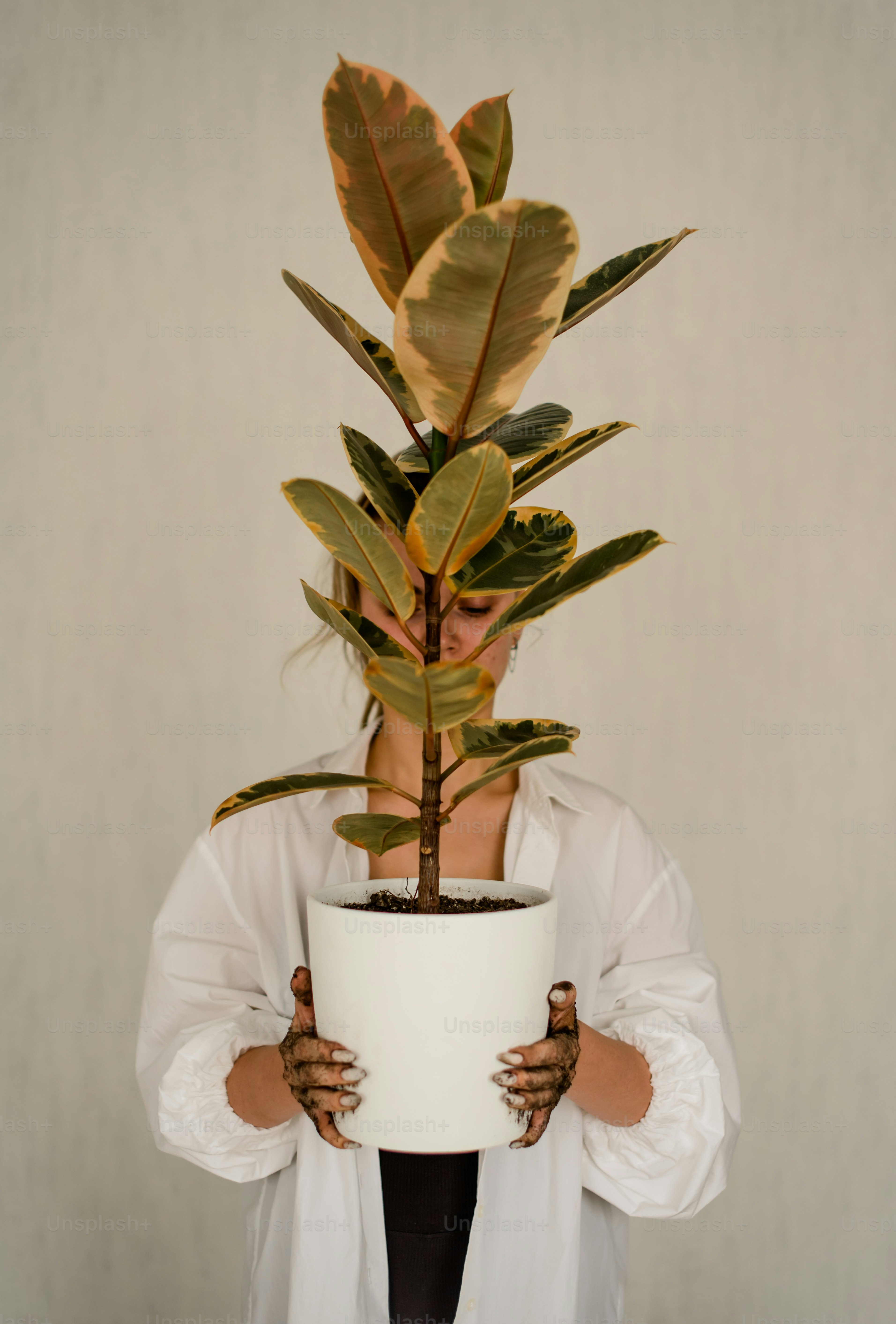 Una mujer sosteniendo una planta en maceta frente a su cara