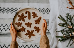 a person holding a plate with ginger cookies on it