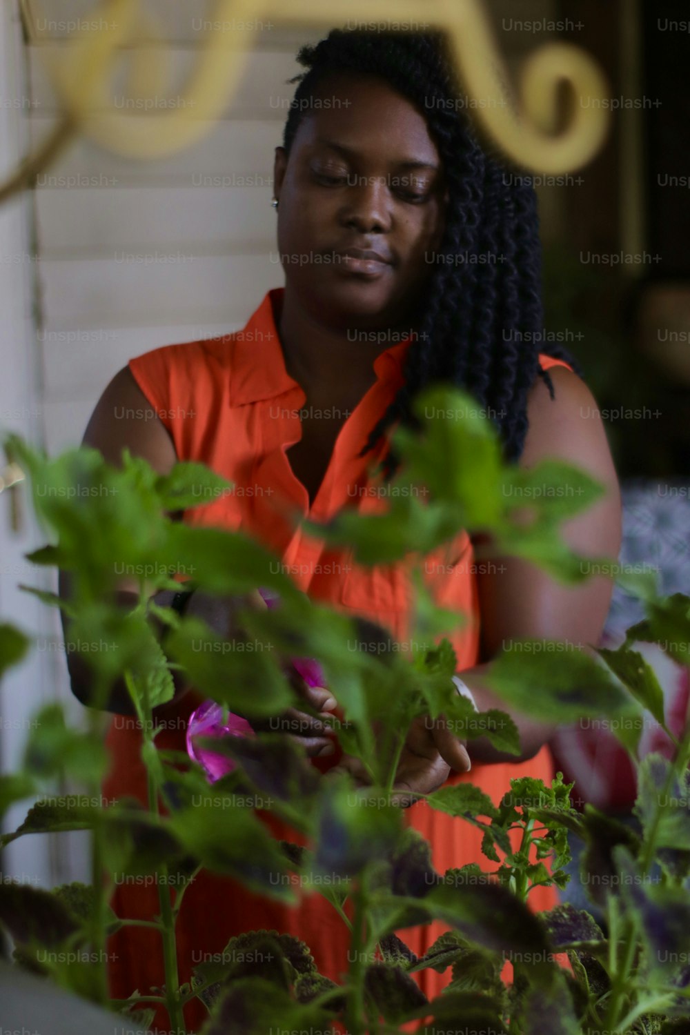 Uma mulher de camisa laranja está olhando para uma planta