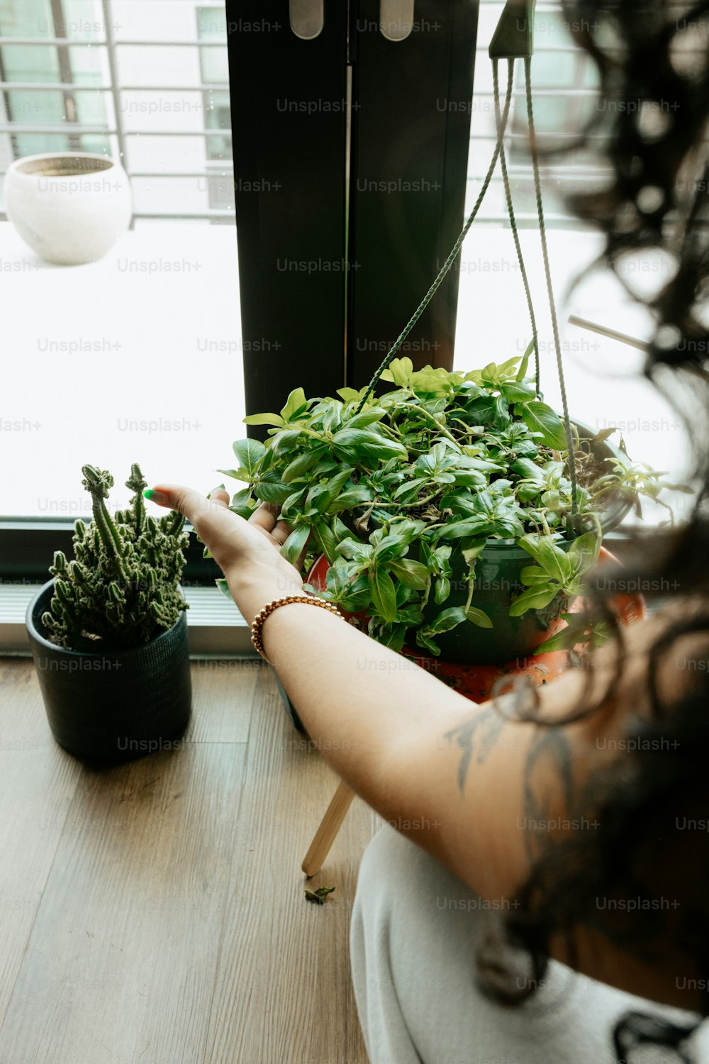 a woman holding a potted plant next to a window