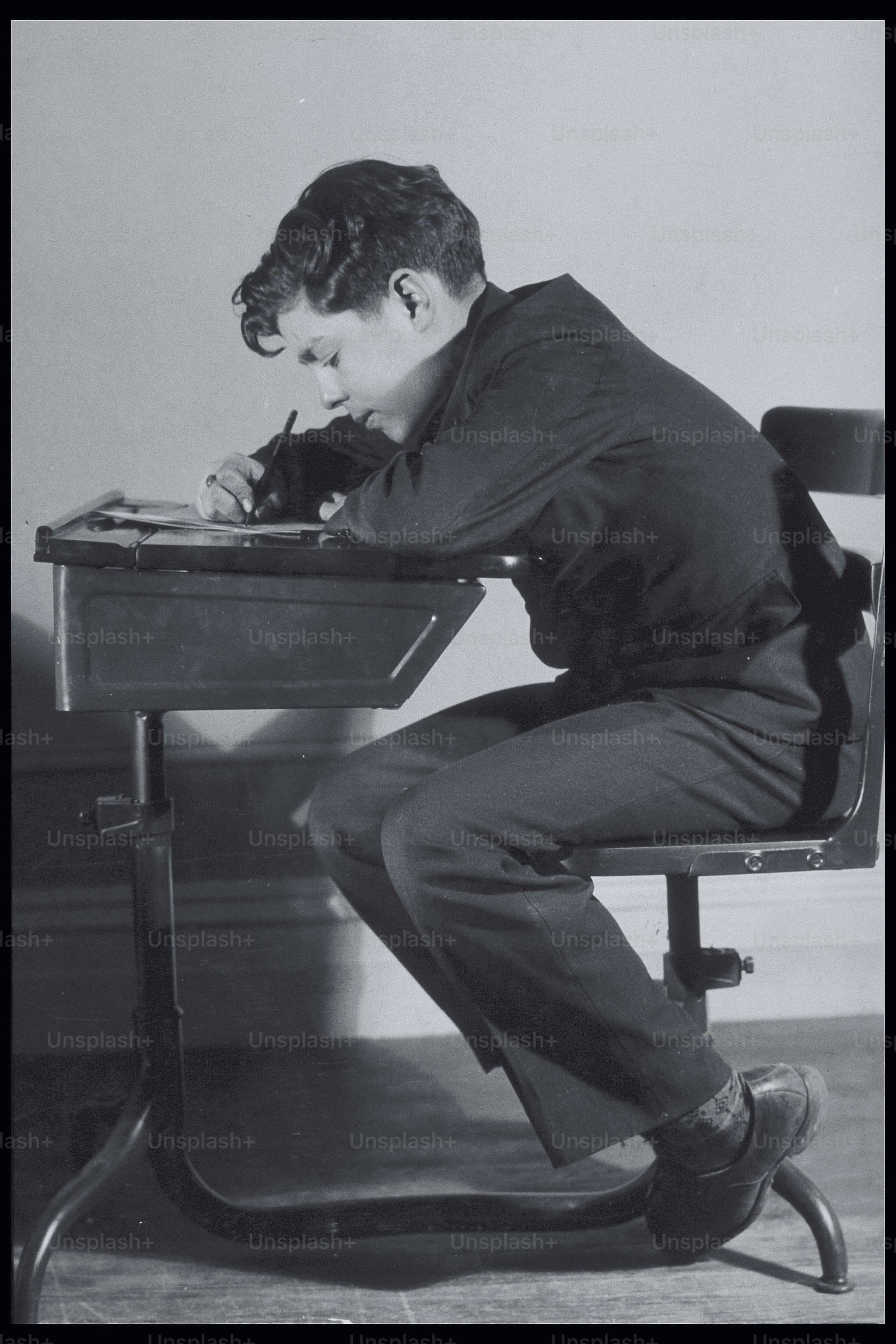 a black and white photo of a man sitting at a desk