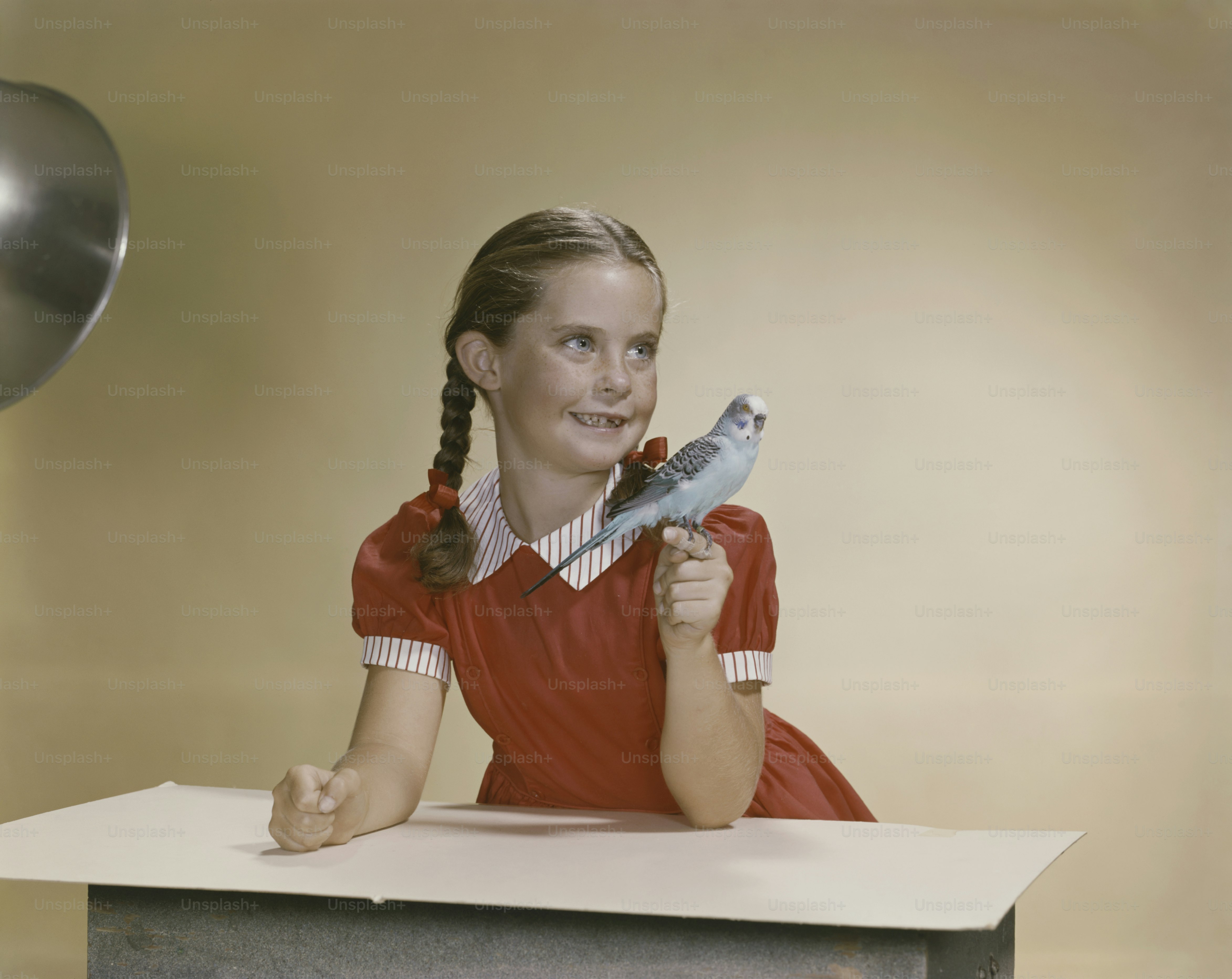 a young girl holding a bird on top of a table