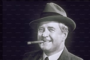 a man in a suit and tie with a cigar in his mouth