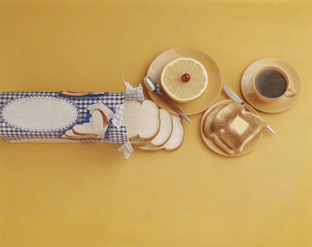une table jaune surmontée d’assiettes de nourriture et d’une tasse de café