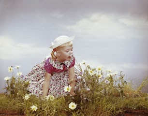 a little girl sitting in a field of daisies