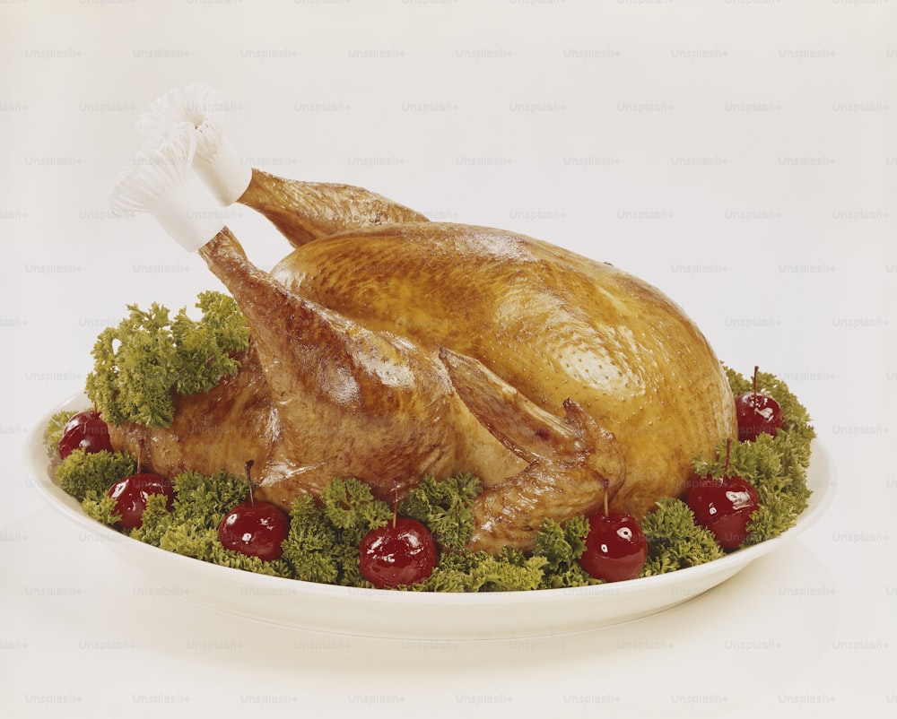 a roasted turkey on a platter with cherries