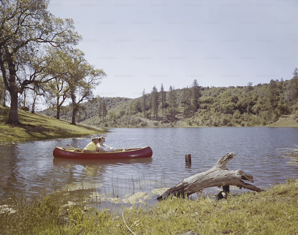 two people in a canoe on a lake