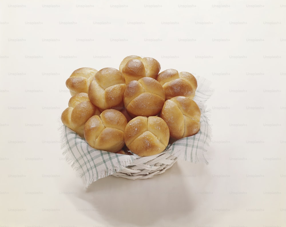 a basket of bread rolls sitting on top of a table