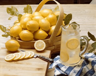 a basket of lemons next to a glass of lemonade