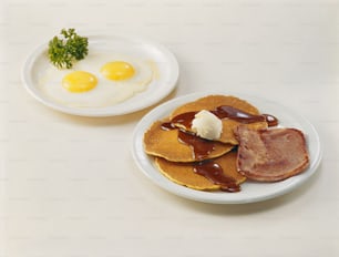 a plate of pancakes and eggs on a table