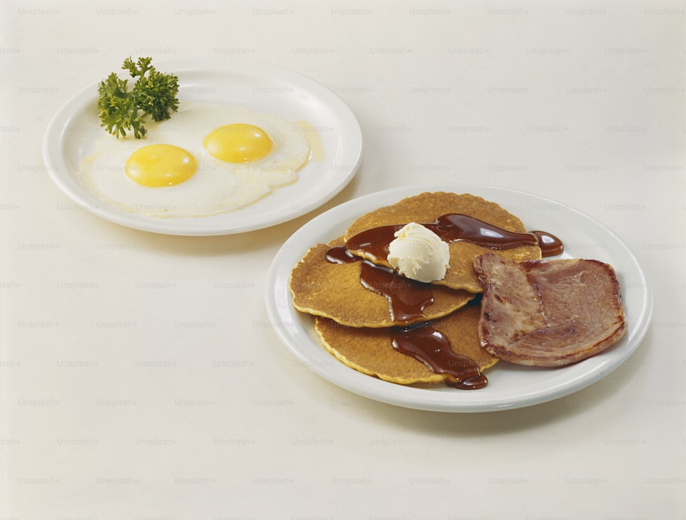 a plate of pancakes and eggs on a table