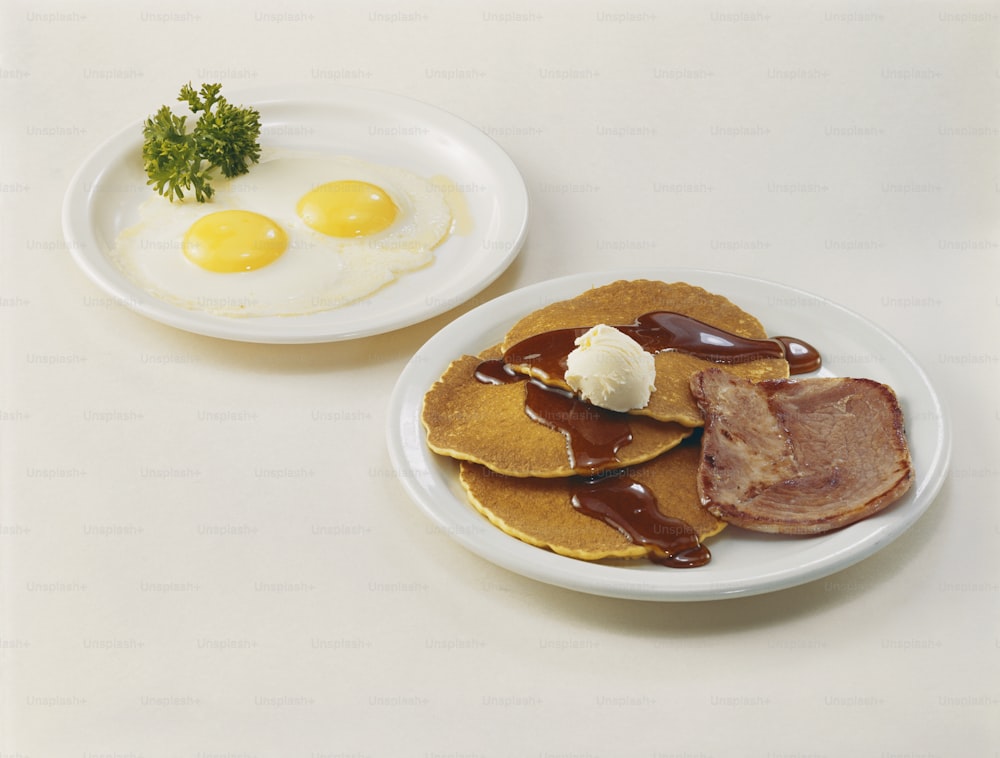 a plate of pancakes and eggs on a table