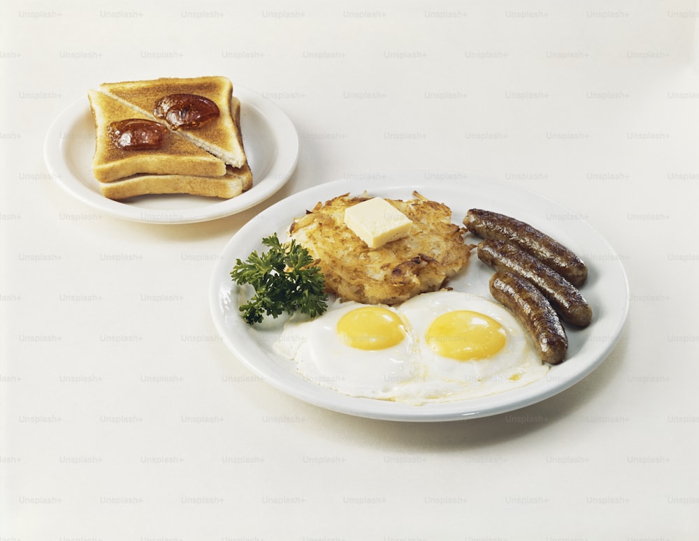 a plate of food with eggs, sausage, and toast