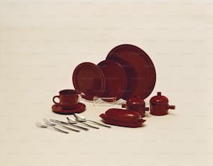 a set of red dinnerware and utensils on a white surface