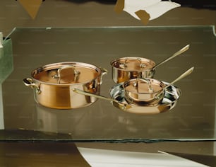 a couple of pots and pans sitting on a table