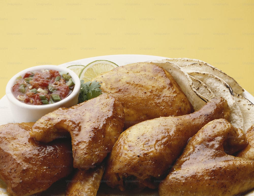 a white plate topped with fried food next to a bowl of salsa