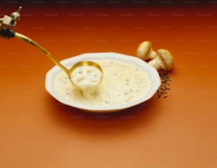 a bowl of soup with a spoon sticking out of it