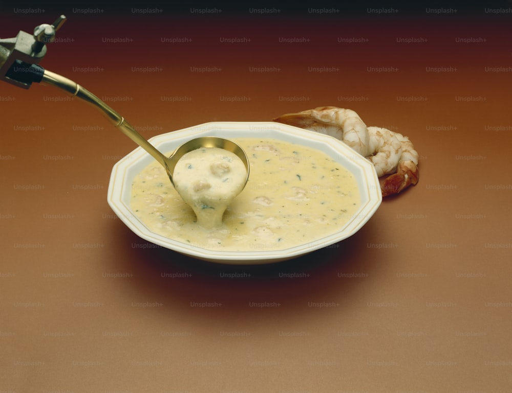 eine Schüssel Suppe mit einem Löffel darin