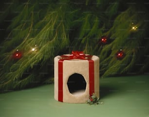 a cat house with a red bow on top of it