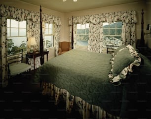 a bedroom with a large bed and a view of the water