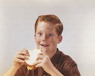 a young boy eating a sandwich with a smile on his face