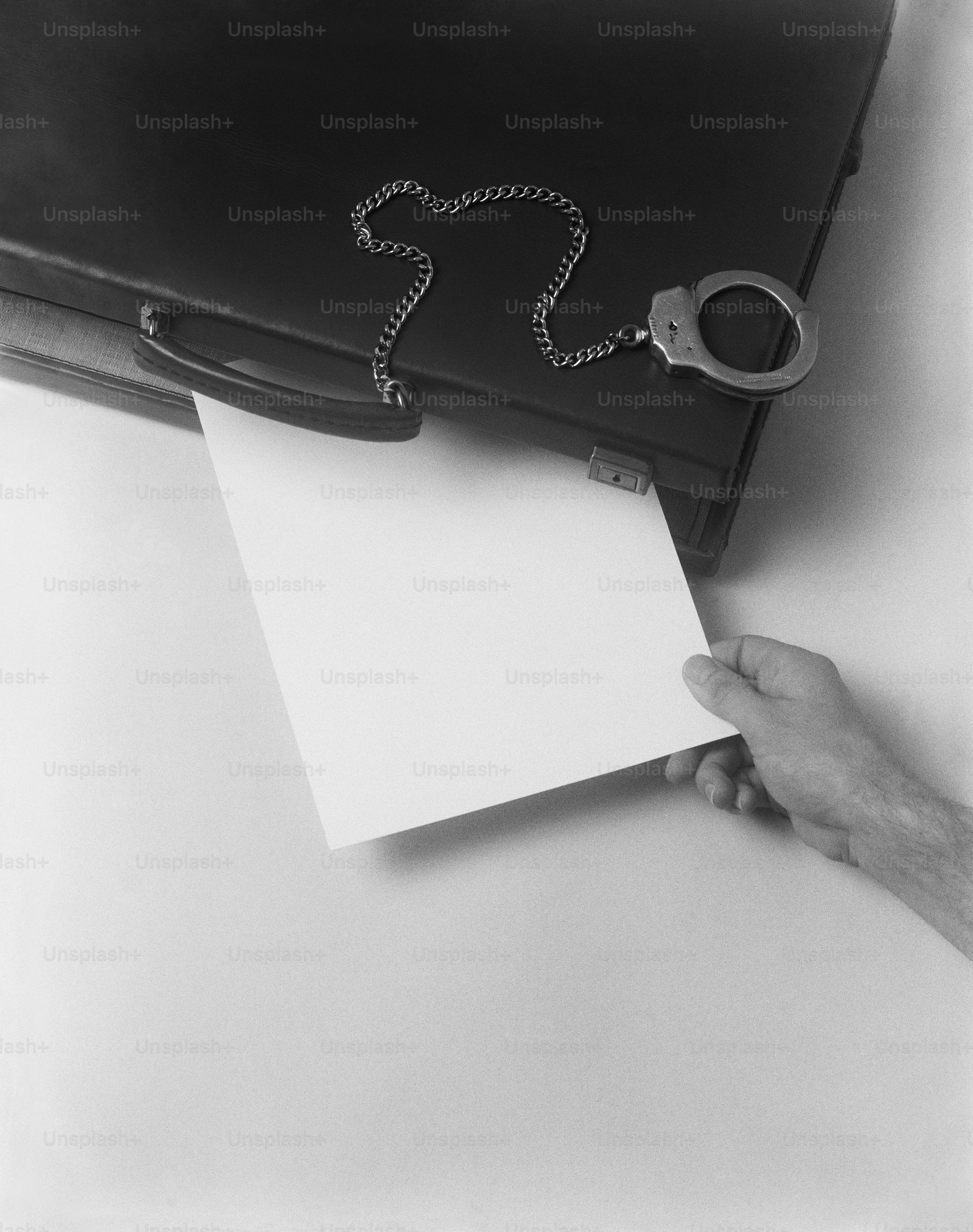 a person holding a piece of paper with a chain attached to it