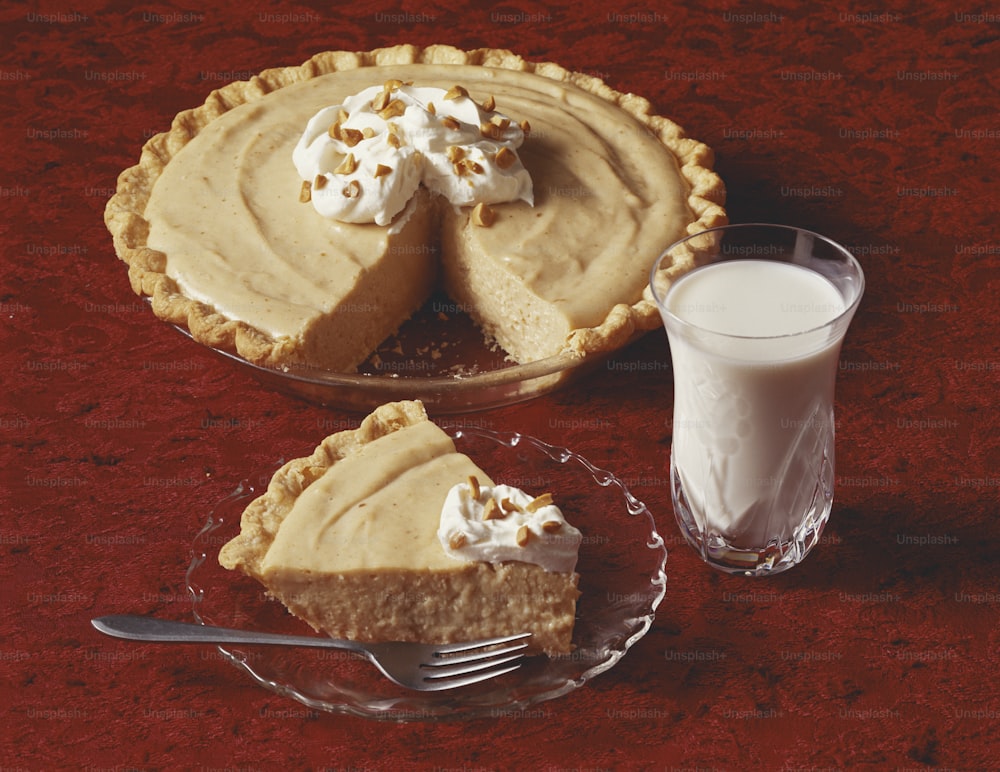 a pie and a glass of milk on a table
