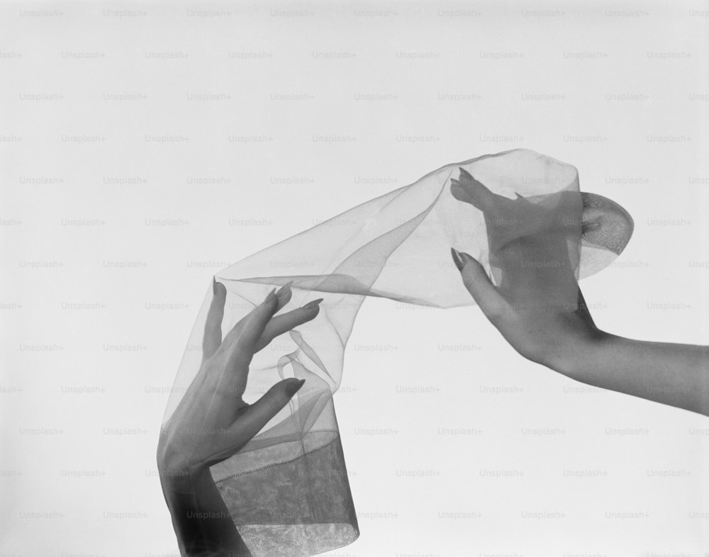 a black and white photo of two hands holding a veil