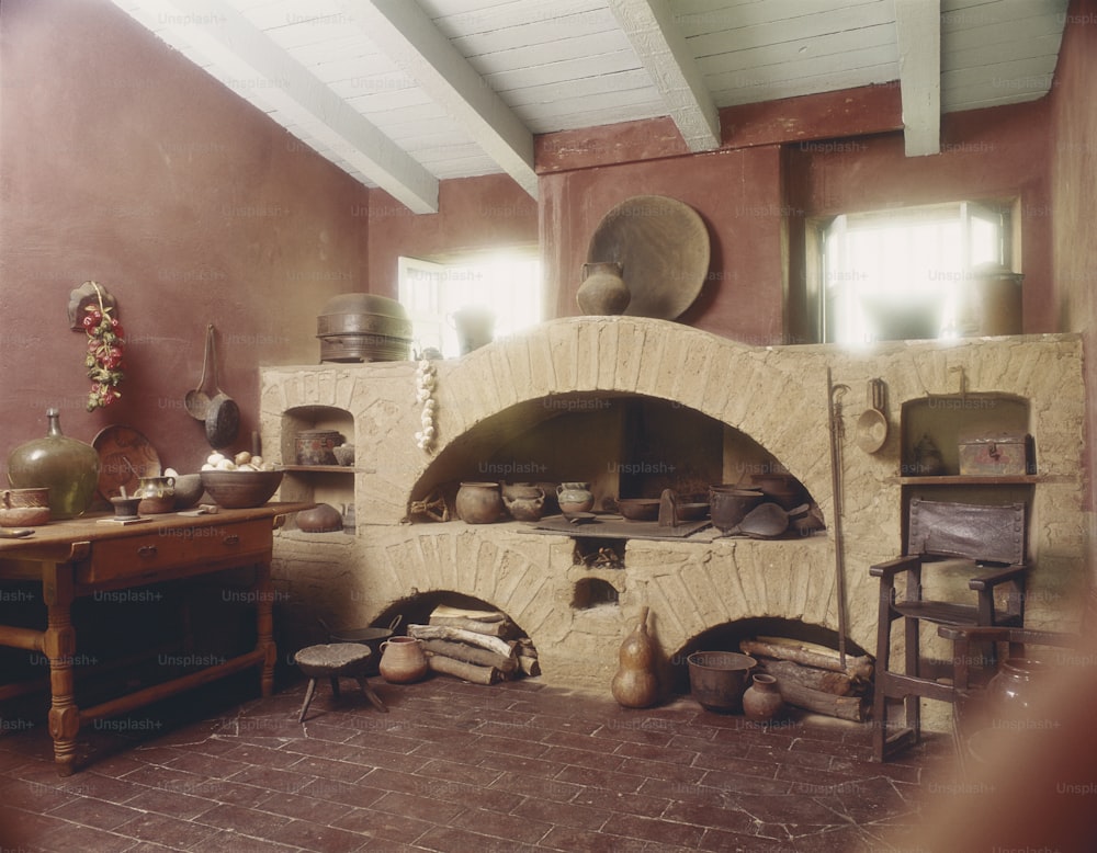a room with a brick oven in it