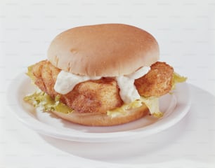 a chicken sandwich with lettuce and mayonnaise on a white plate