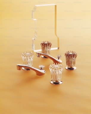 a set of four crystal candlesticks sitting on a table