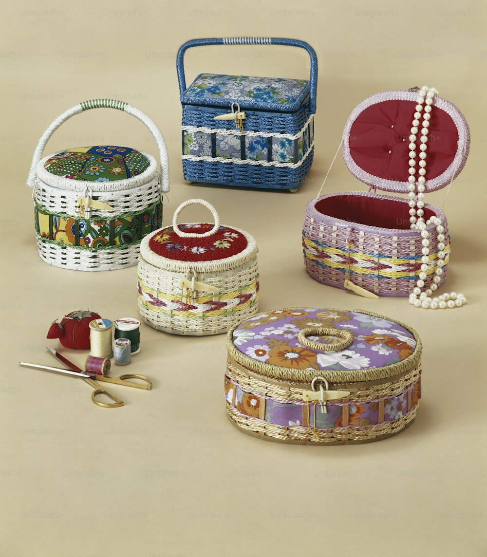 a collection of baskets and other decorative items